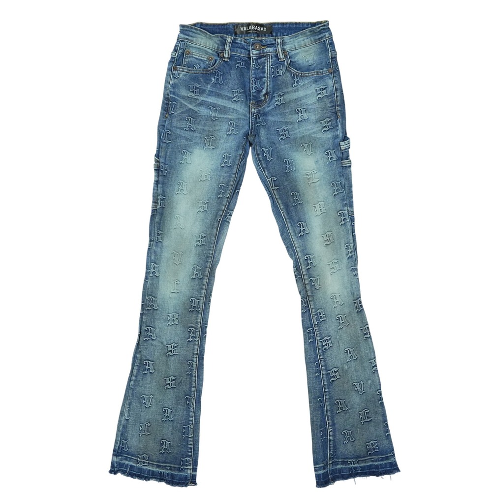 Valabasas Mens Monogram Embossed Carpenter Stacked Flare Jeans Blue Size 30